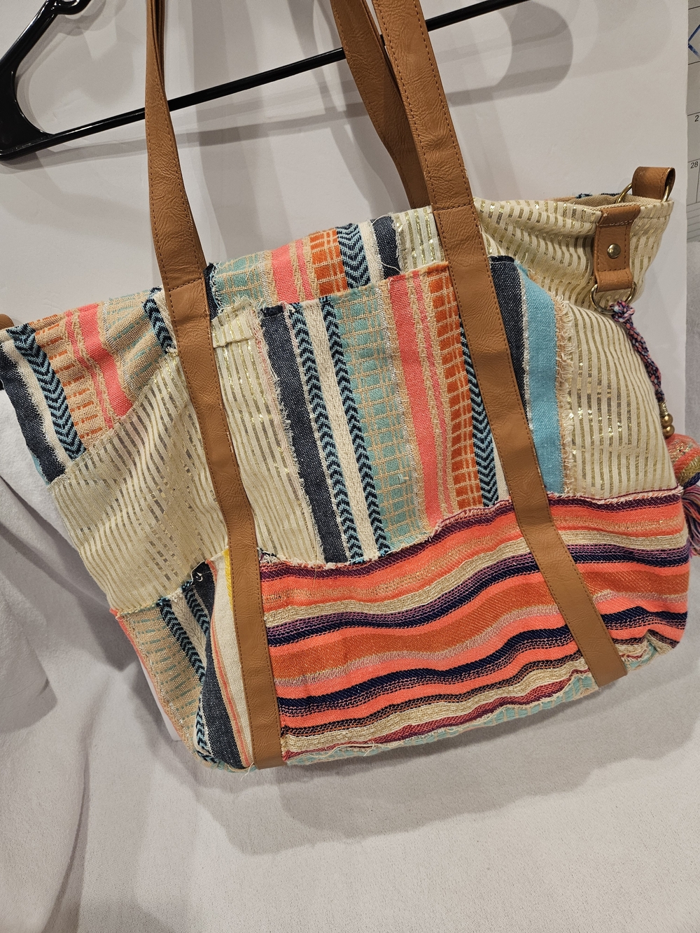 America & Beyond Boho Jacquard Patchwork Stripe Artisan Canvas Tote Bag Weekend